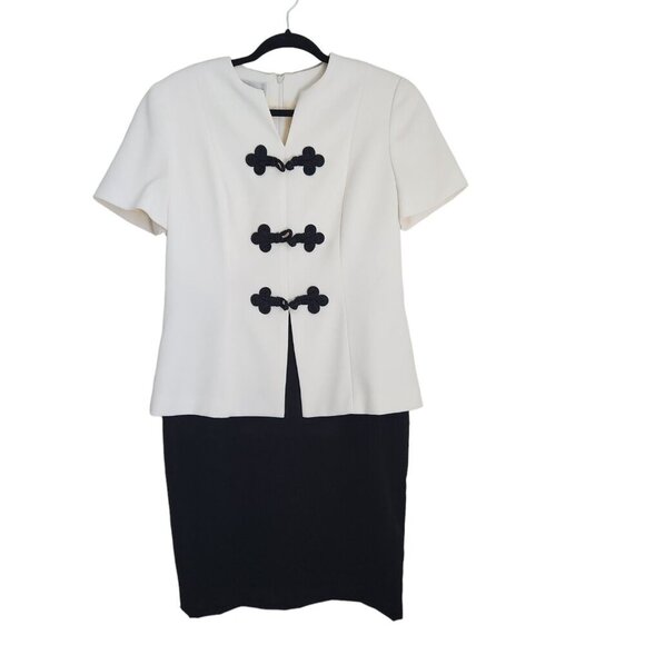 Evan Picone Sheath Dress sz 12 Asian Style Black White Paracord Chinese Button - Picture 1 of 11